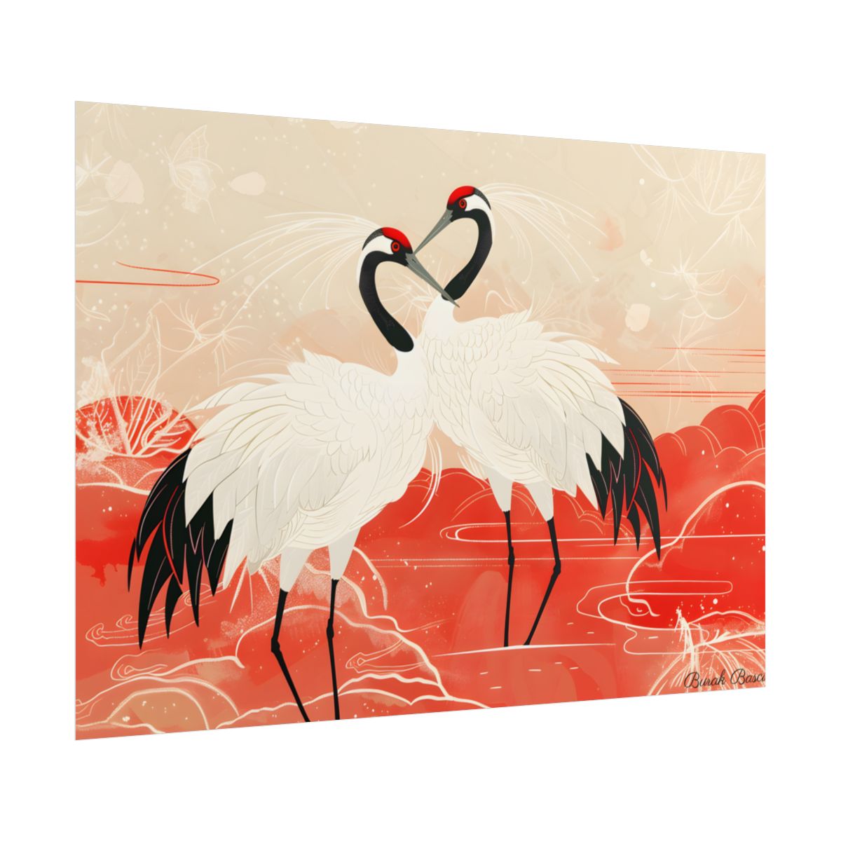 Serene Nature: Two Cranes Amidst Red and Green Landscape Art - Poster
