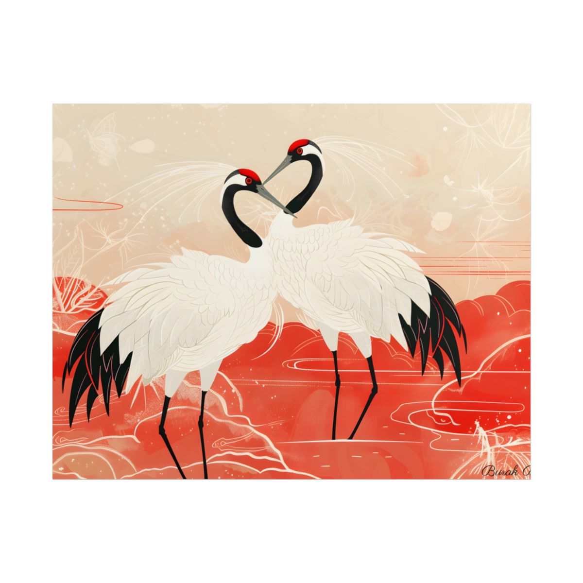Serene Nature: Two Cranes Amidst Red and Green Landscape Art - Poster