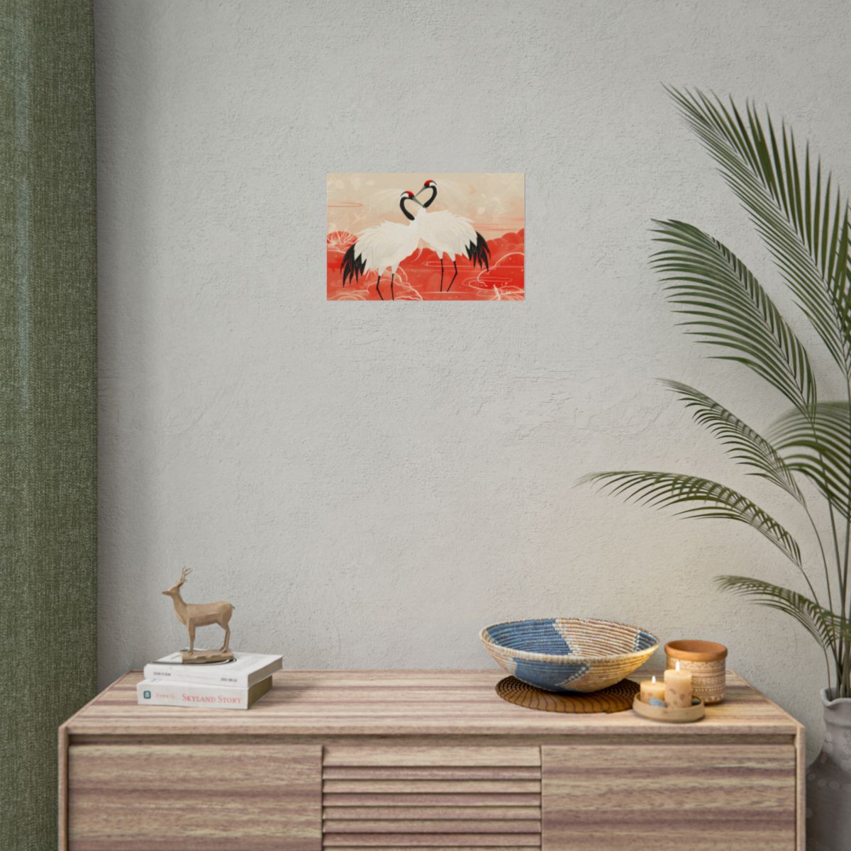 Serene Nature: Two Cranes Amidst Red and Green Landscape Art - Poster