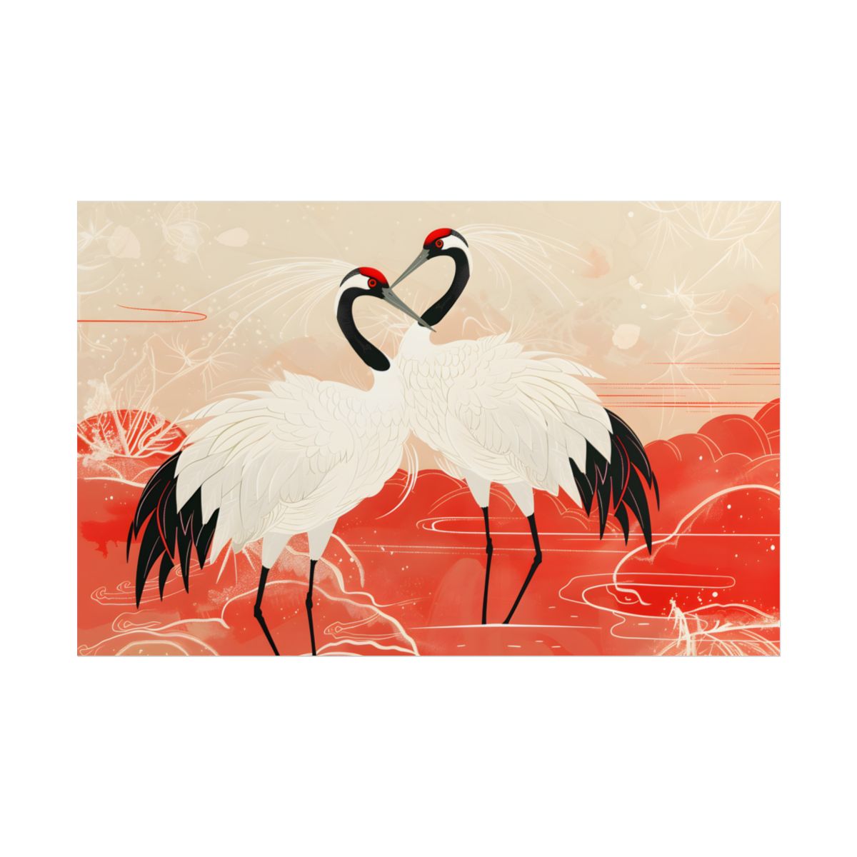 Serene Nature: Two Cranes Amidst Red and Green Landscape Art - Poster