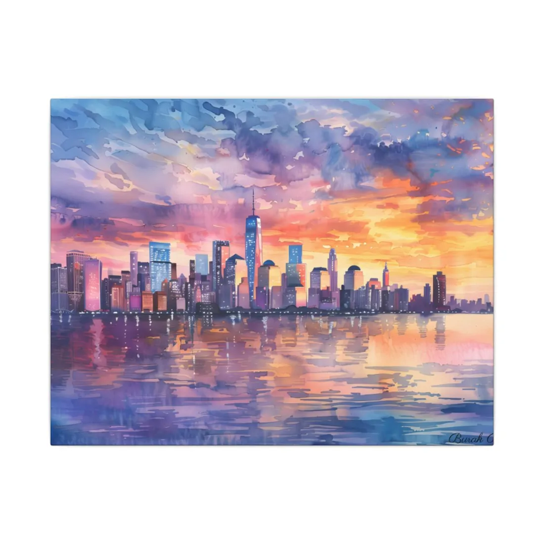 Serene NYC Sunset: Watercolor Skyline Reflections - Canvas