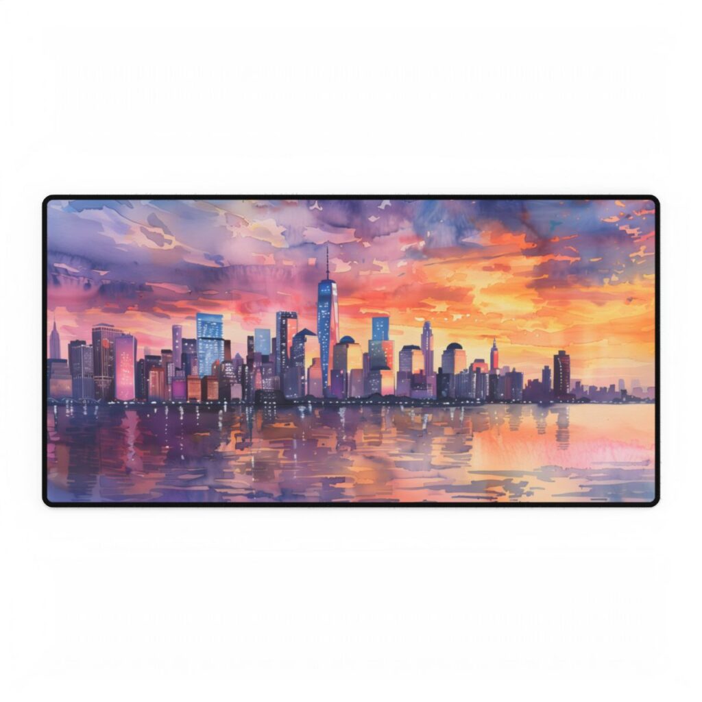 Serene NYC Sunset: Watercolor Skyline Reflections - Desk Mat