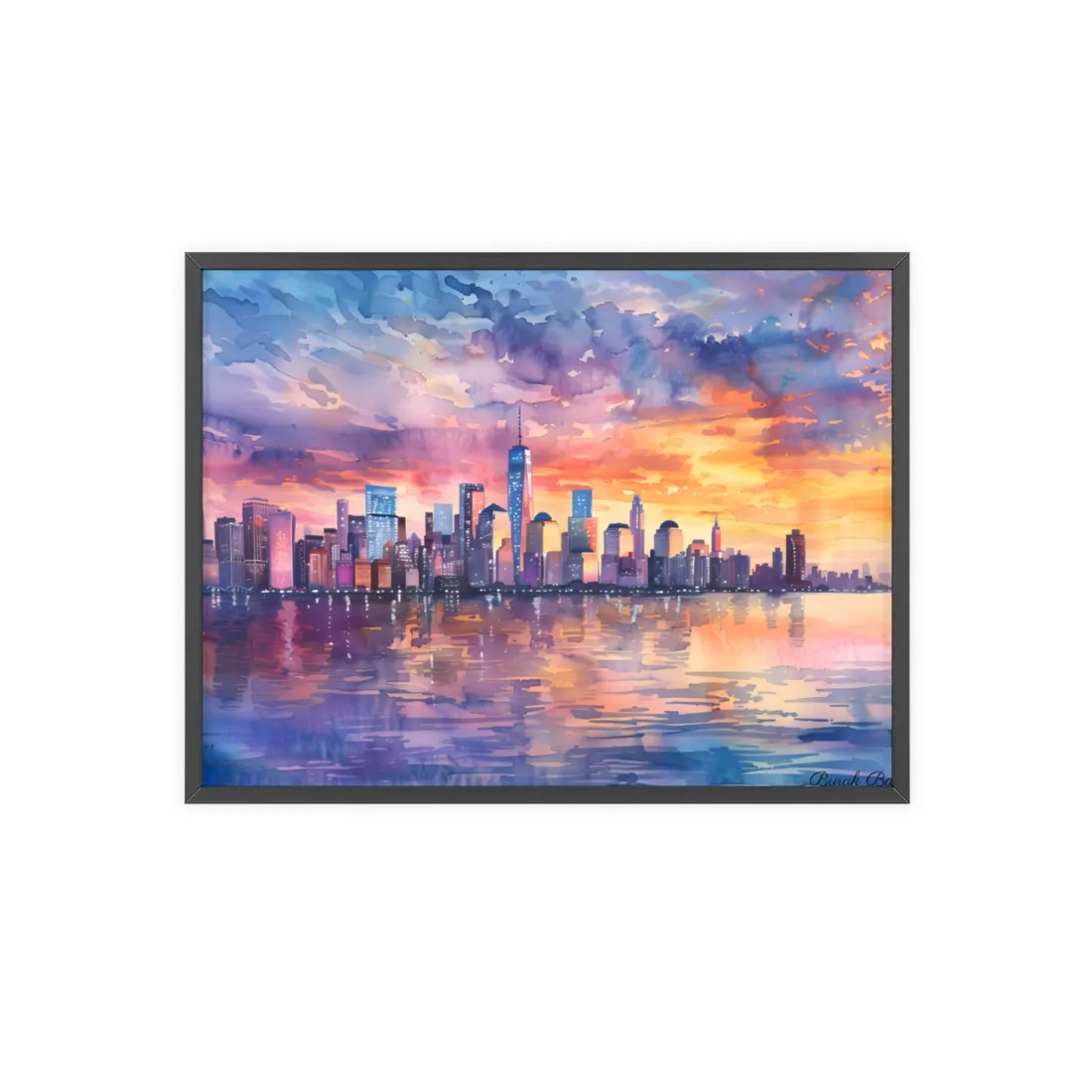 Serene NYC Sunset: Watercolor Skyline Reflections - Framed Poster