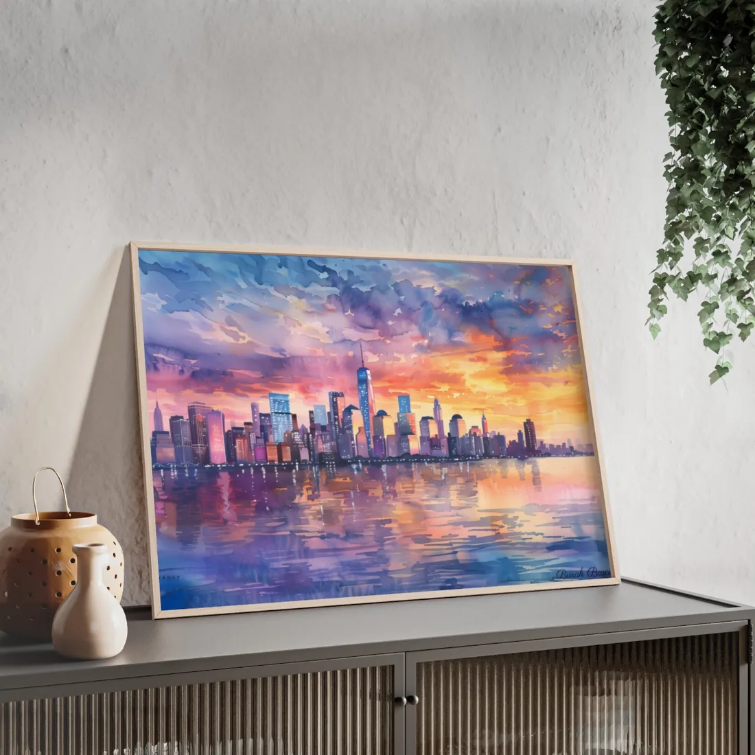 Serene NYC Sunset: Watercolor Skyline Reflections - Framed Poster
