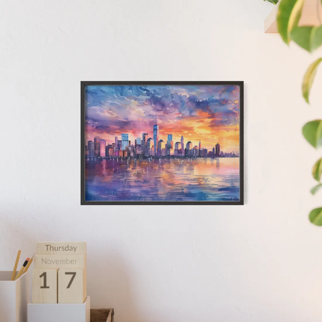 Serene NYC Sunset: Watercolor Skyline Reflections - Framed Poster