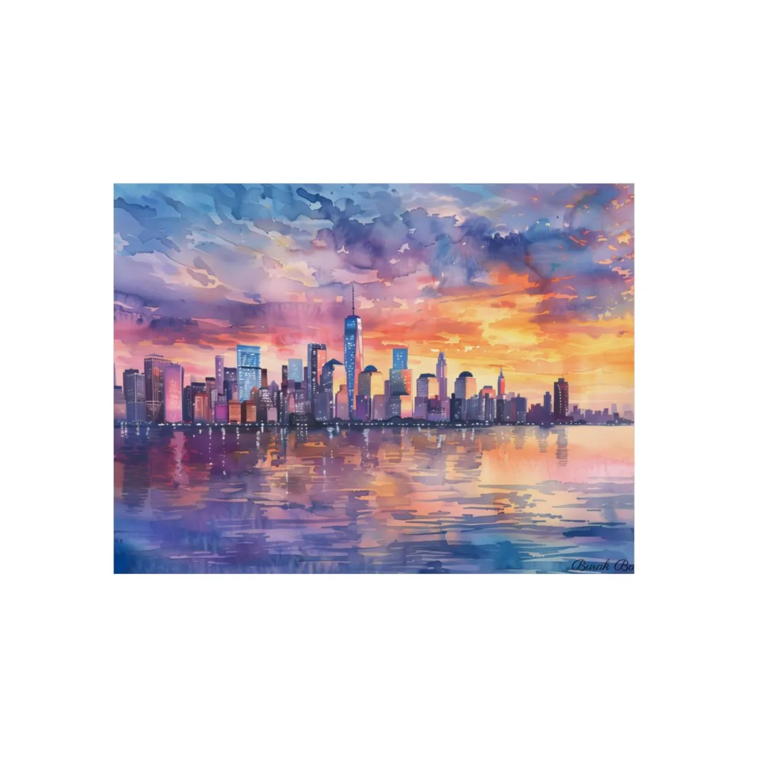 Serene NYC Sunset: Watercolor Skyline Reflections - Metal Poster