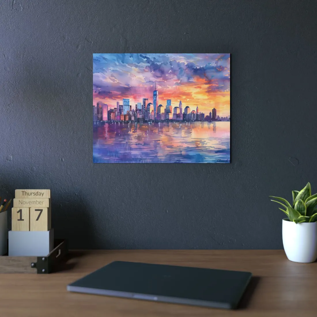 Serene NYC Sunset: Watercolor Skyline Reflections - Metal Poster