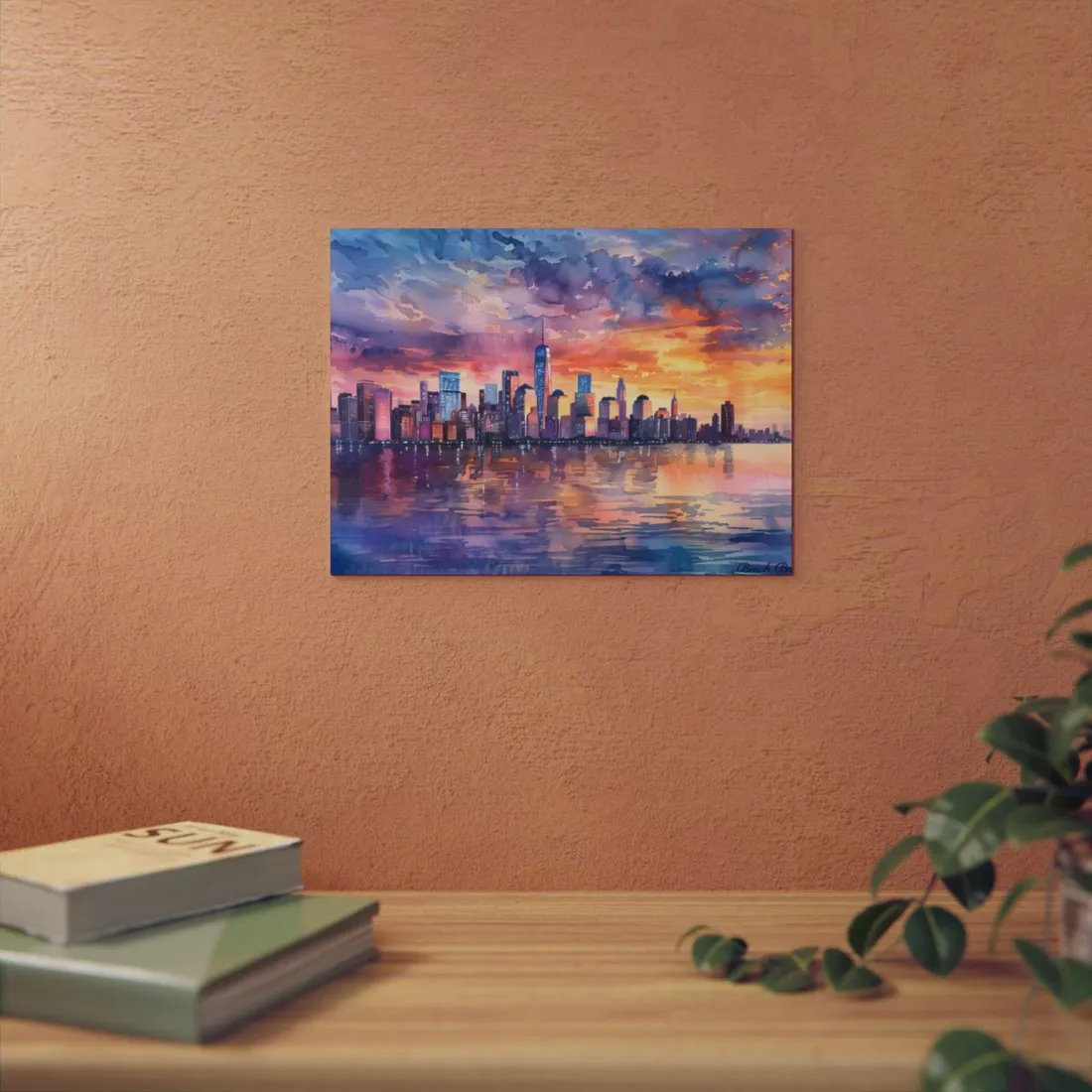 Serene NYC Sunset: Watercolor Skyline Reflections - Metal Poster
