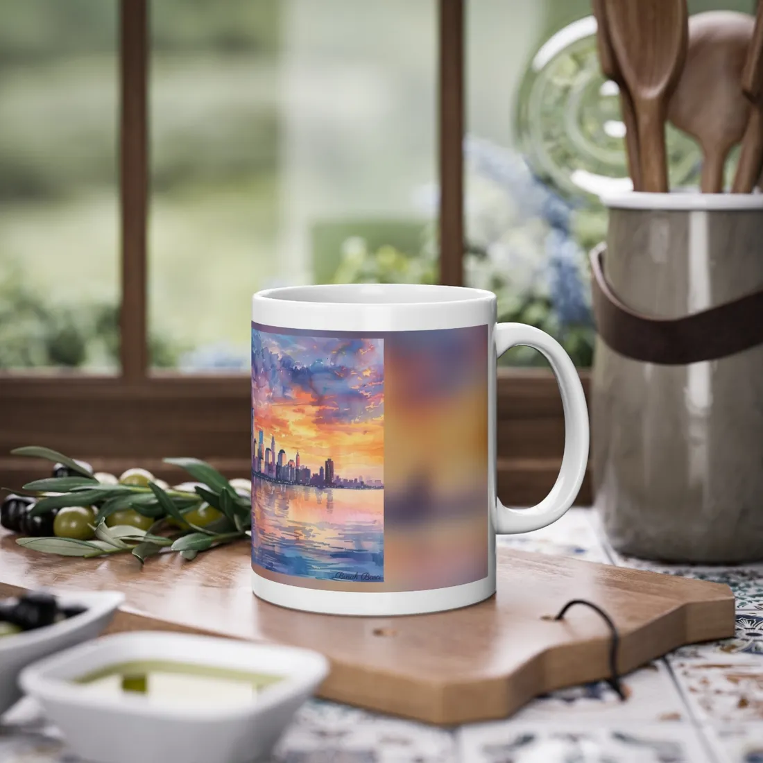 Serene NYC Sunset: Watercolor Skyline Reflections - Mug