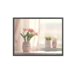 Pink Blooms on Windowsill Framed Poster