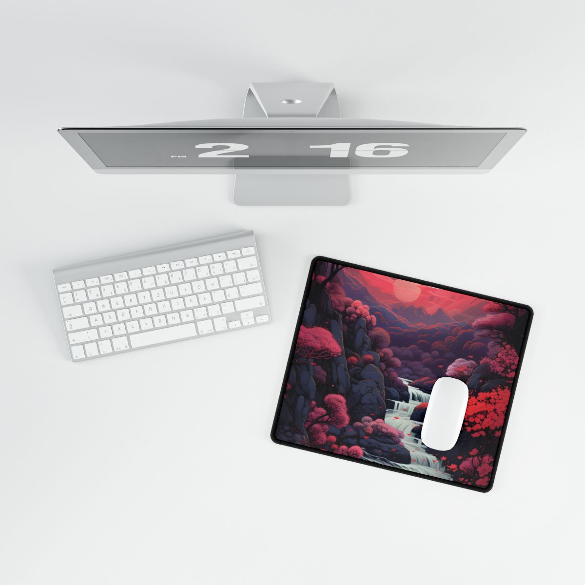 Serene River Landscape: Tranquil Flowers & Roses - Desk Mat