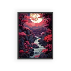 Full Moon over Waterfall Stream Framed Poster