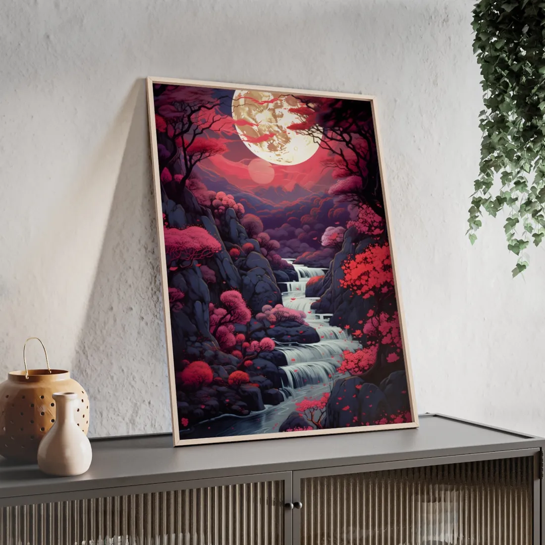 Serene River Landscape: Tranquil Flowers & Roses - Framed Poster