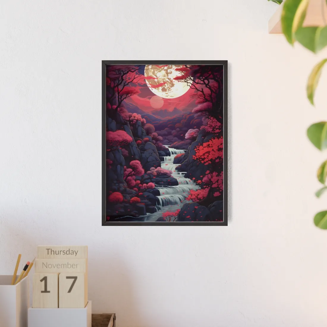 Serene River Landscape: Tranquil Flowers & Roses - Framed Poster