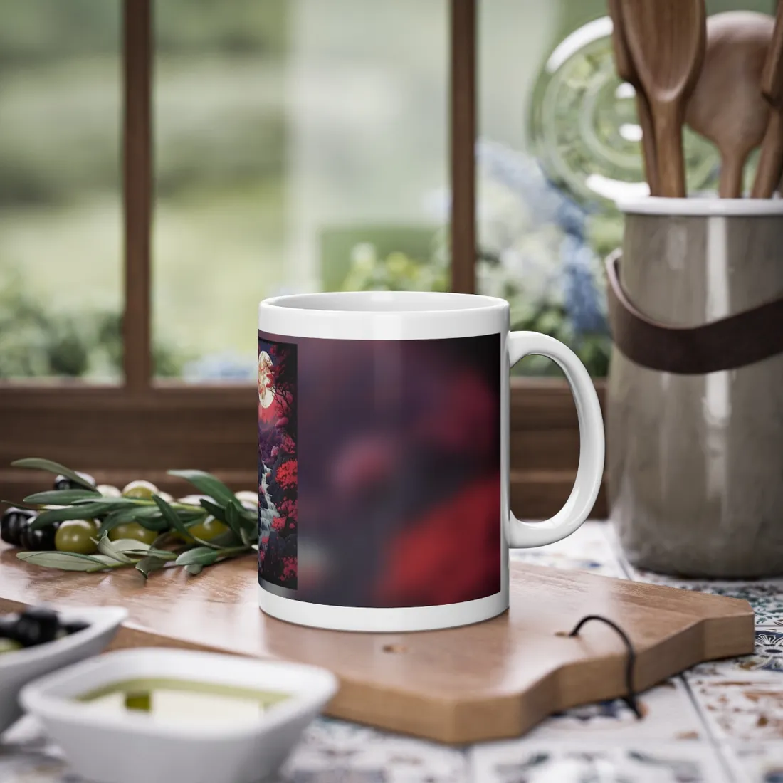 Serene River Landscape: Tranquil Flowers & Roses - Mug