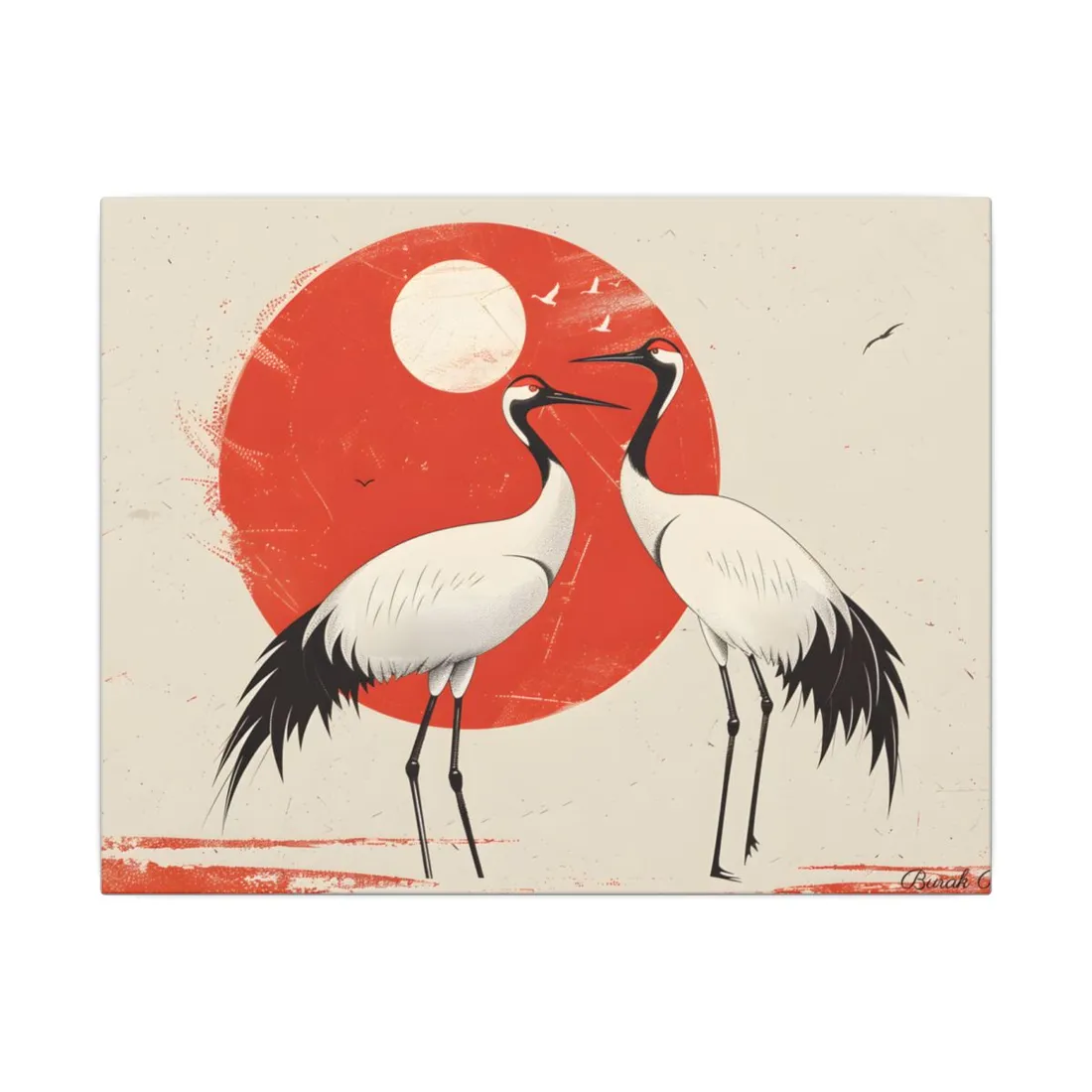 Serene Wildlife Sanctuary: Cranes in Red Nature Scene Art - Canvas