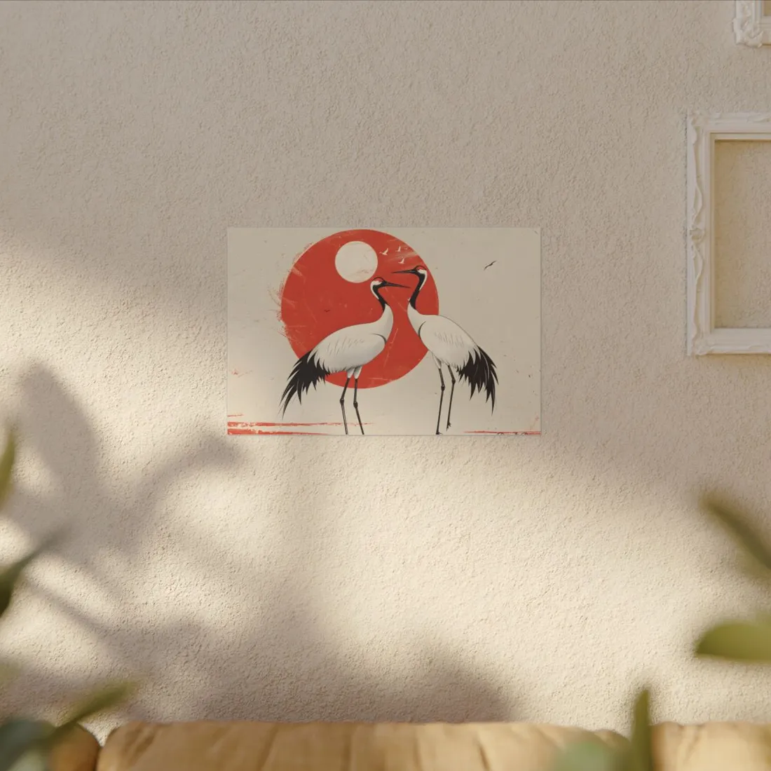 Serene Wildlife Sanctuary: Cranes in Red Nature Scene Art - Canvas