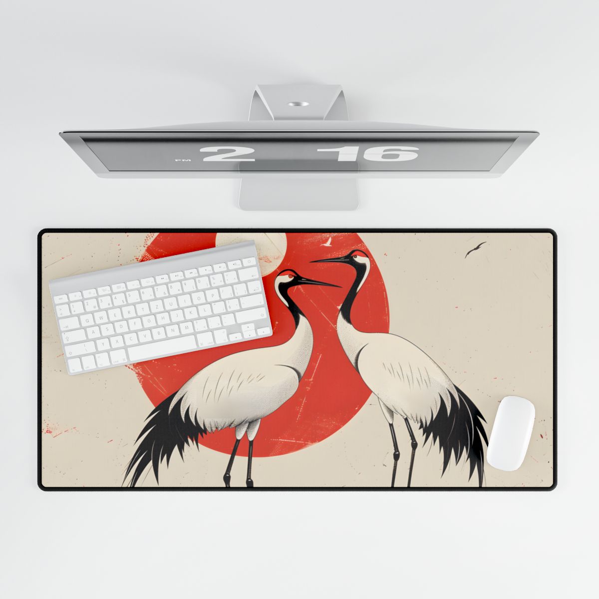 Serene Wildlife Sanctuary: Cranes in Red Nature Scene Art - Desk Mat