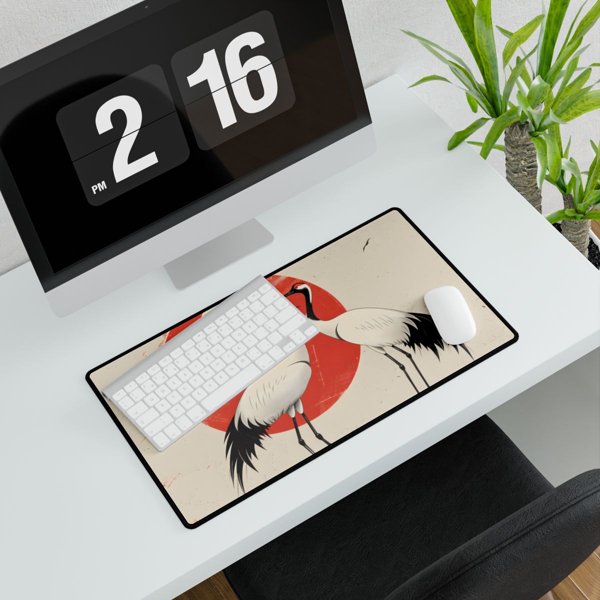 Serene Wildlife Sanctuary: Cranes in Red Nature Scene Art - Desk Mat