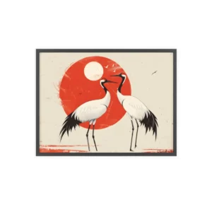Two Cranes Before Red Sun Framed Poster