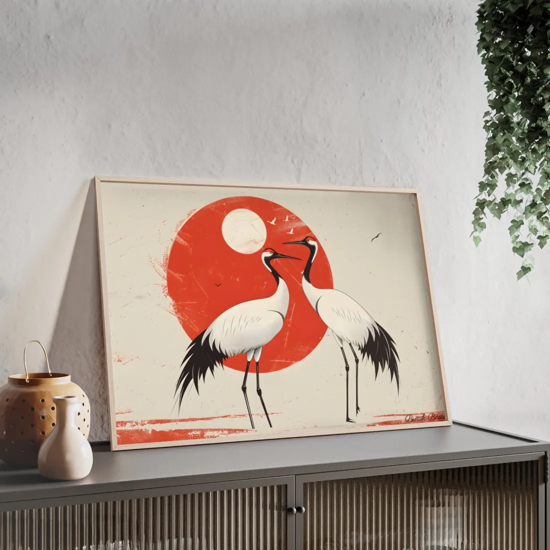 Serene Wildlife Sanctuary: Cranes in Red Nature Scene Art - Framed Poster