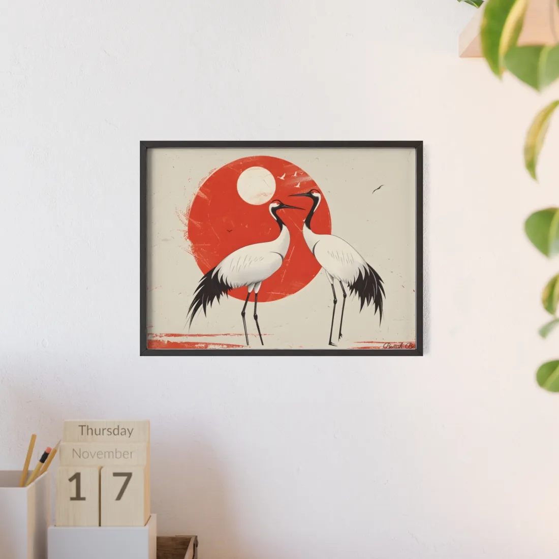 Serene Wildlife Sanctuary: Cranes in Red Nature Scene Art - Framed Poster