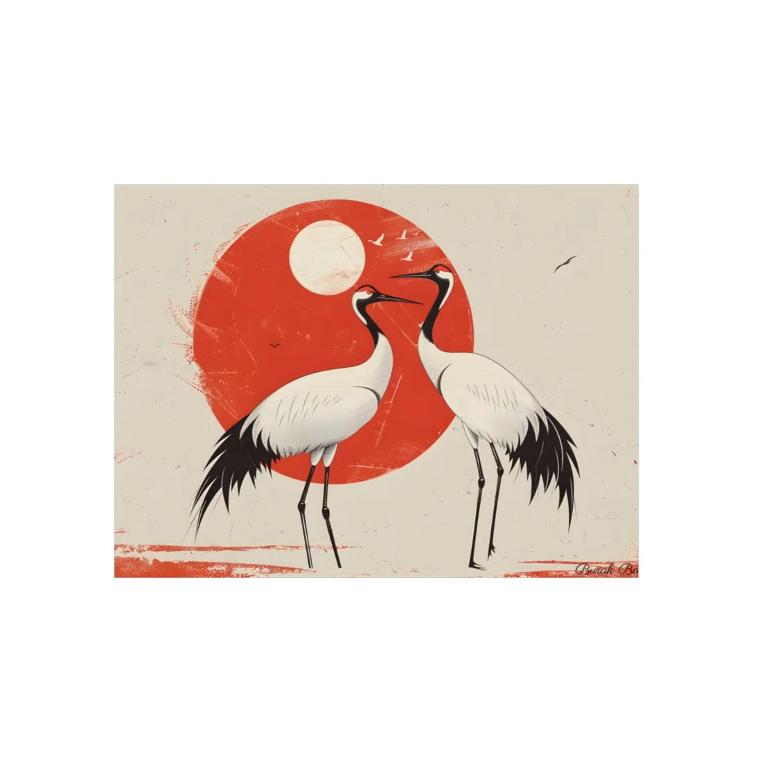 Serene Wildlife Sanctuary: Cranes in Red Nature Scene Art - Metal Poster