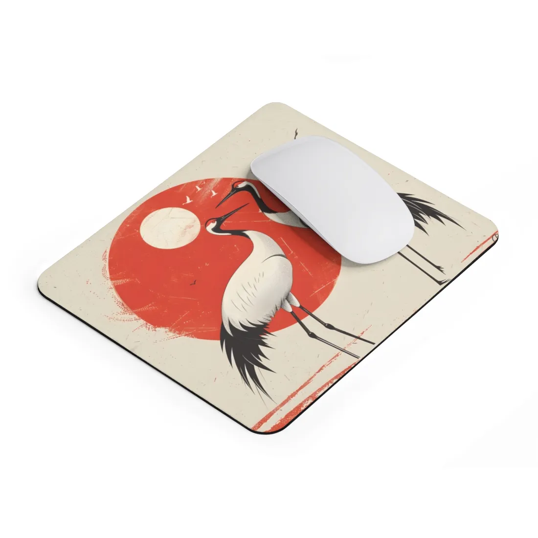 Serene Wildlife Sanctuary: Cranes in Red Nature Scene Art - Mouse Pad