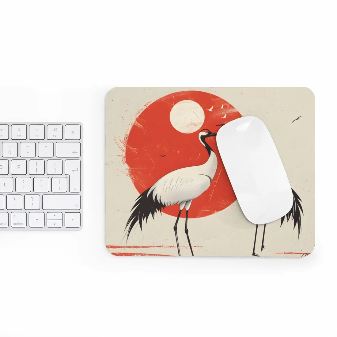 Serene Wildlife Sanctuary: Cranes in Red Nature Scene Art - Mouse Pad