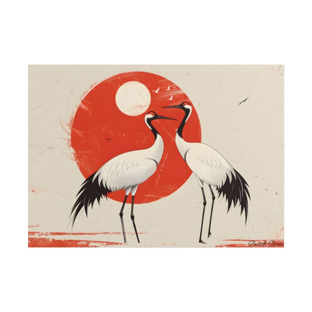 Serene Wildlife Sanctuary: Cranes in Red Nature Scene Art - Poster
