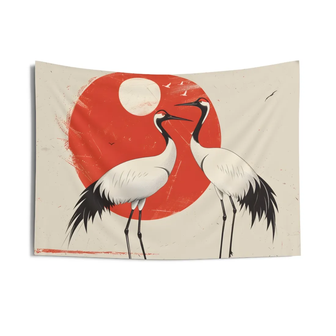 Serene Wildlife Sanctuary: Cranes in Red Nature Scene Art - Wall Tapestry
