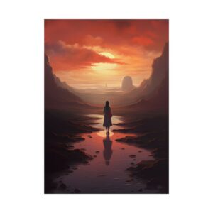 Woman Facing Red Sunset Poster