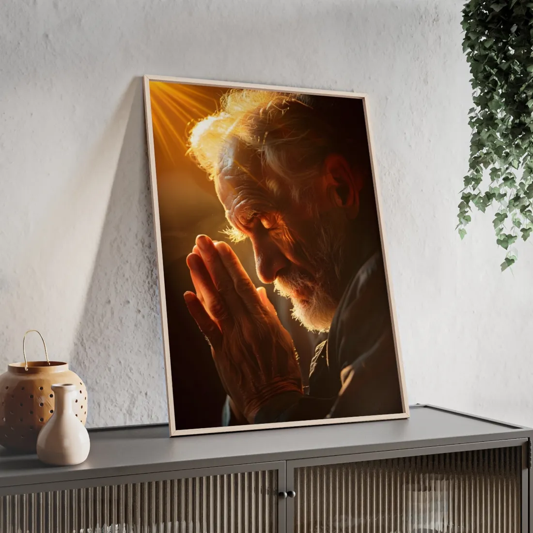 Serenity in Prayer: Elderly Man's Quiet Moment - Framed Poster
