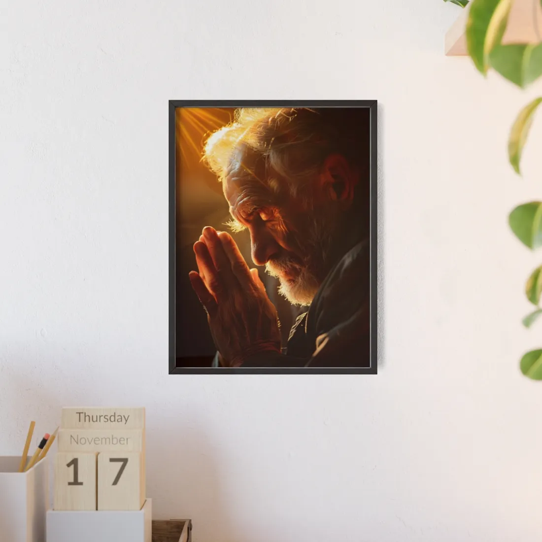 Serenity in Prayer: Elderly Man's Quiet Moment - Framed Poster