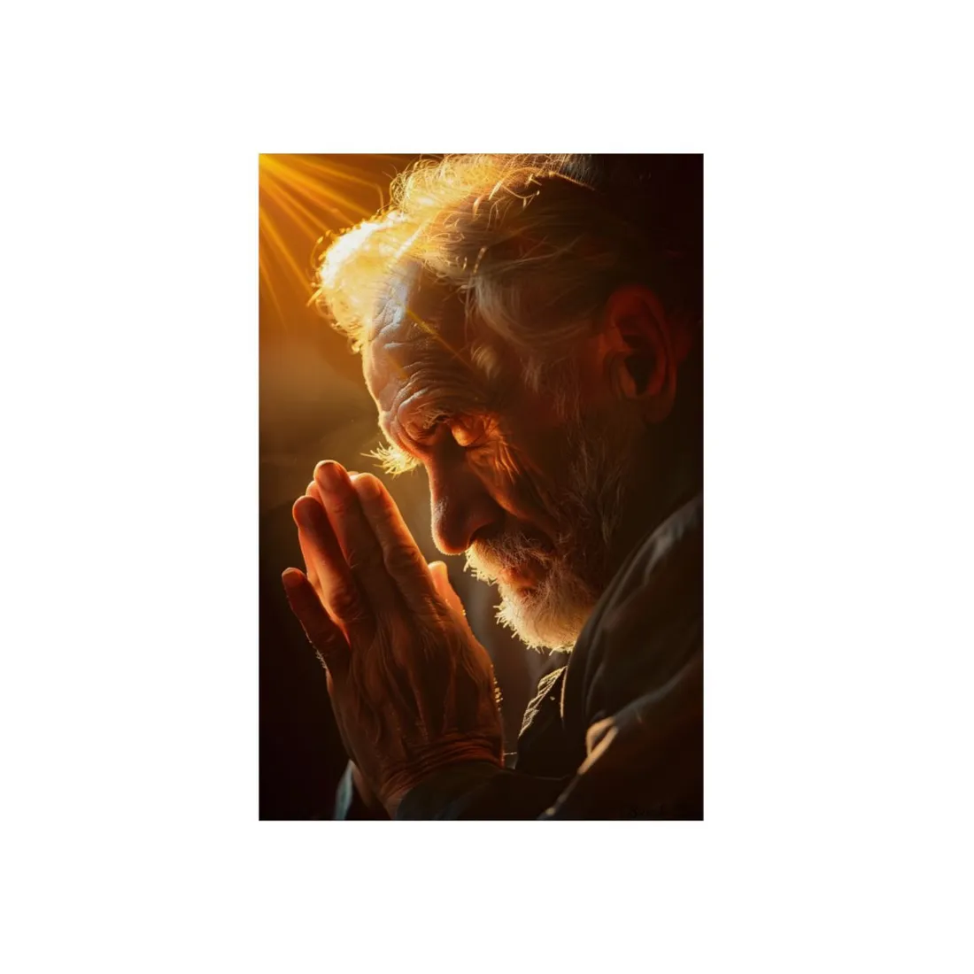 Serenity in Prayer: Elderly Man's Quiet Moment - Metal Poster