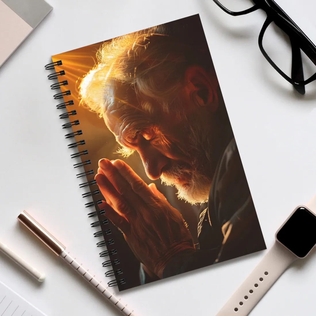 Serenity in Prayer: Elderly Man's Quiet Moment - Spiral Notebook
