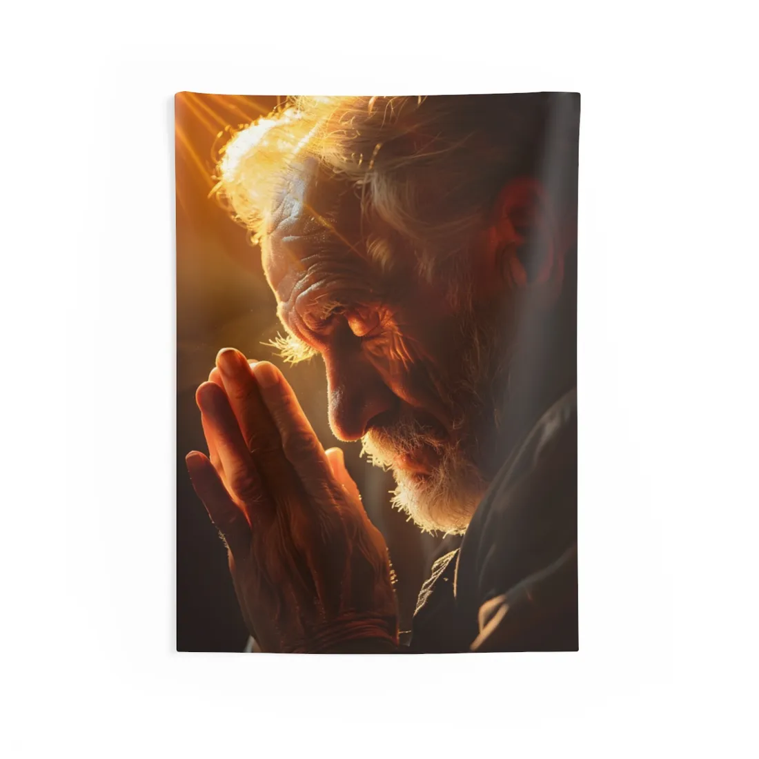 Serenity in Prayer: Elderly Man's Quiet Moment - Wall Tapestry