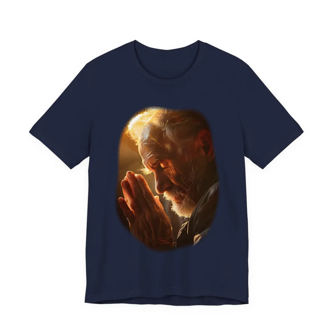 Serenity in Prayer: Elderly Man's Quiet Moment - T-Shirt (Navy)