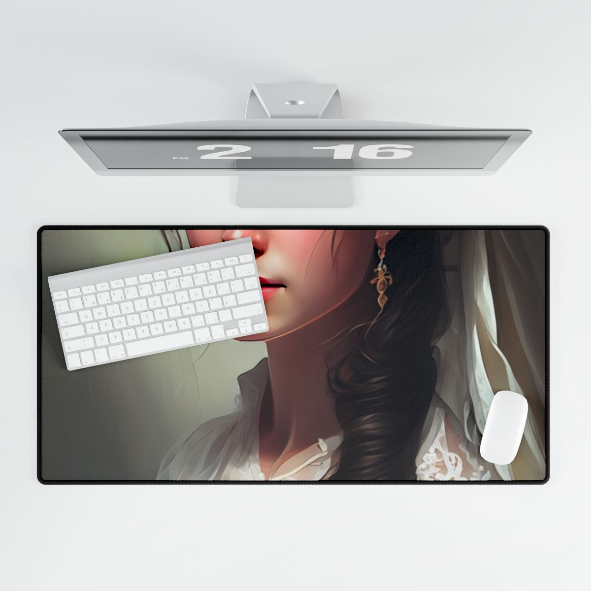 Serious Female Portrait: Brown Hair and Dark Top - Desk Mat