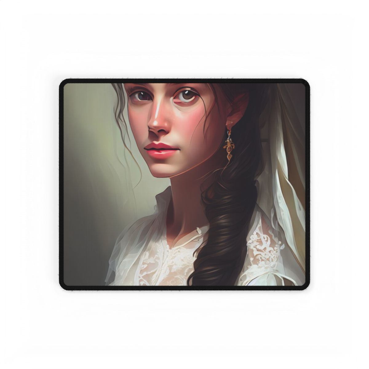 Serious Female Portrait: Brown Hair and Dark Top - Desk Mat
