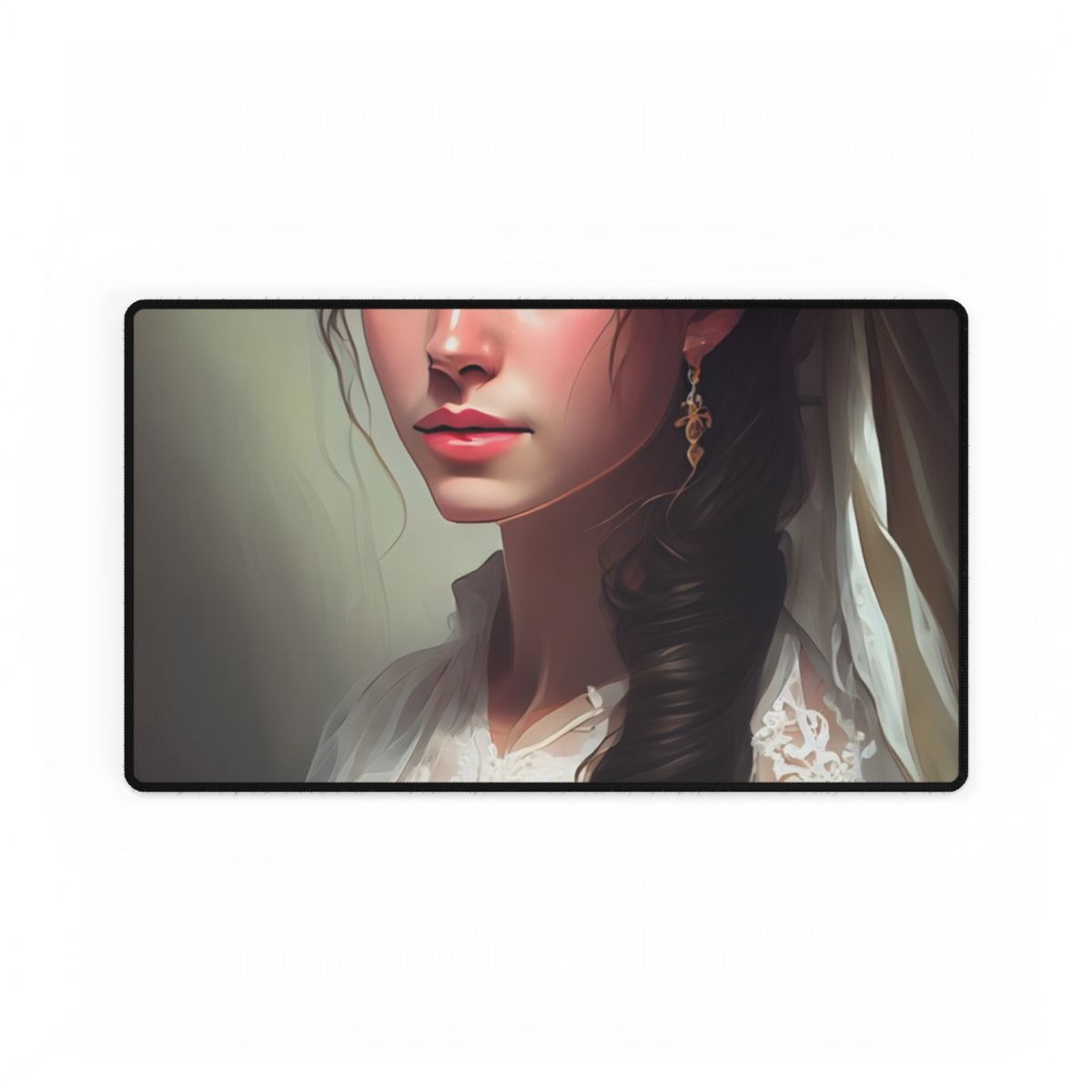 Serious Female Portrait: Brown Hair and Dark Top - Desk Mat