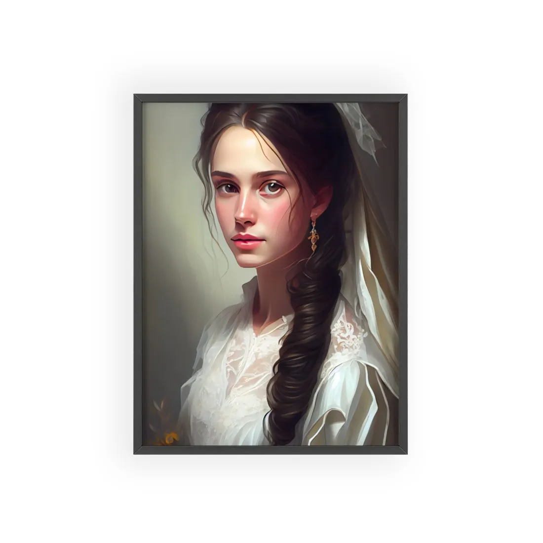 Serious Female Portrait: Brown Hair and Dark Top - Framed Poster