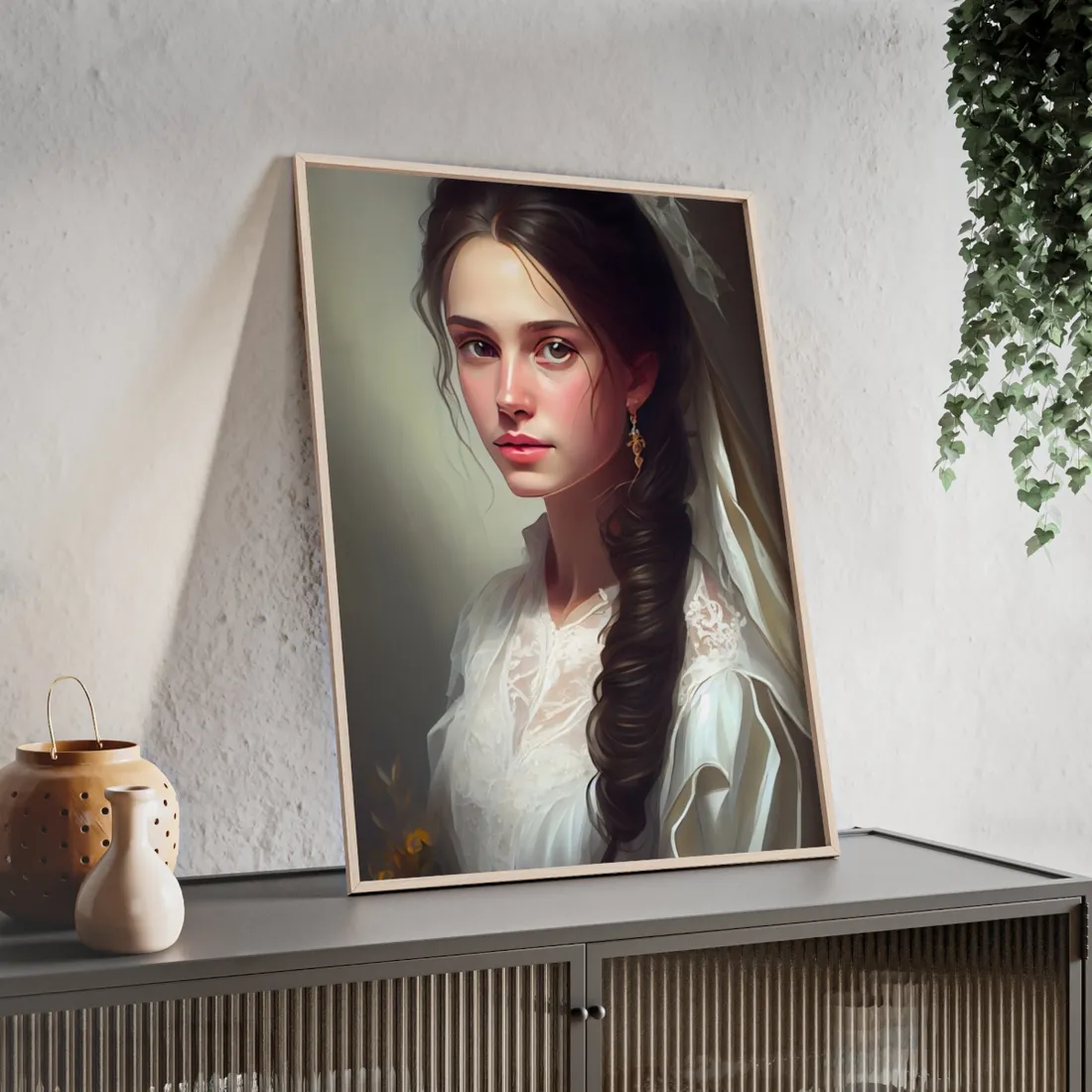 Serious Female Portrait: Brown Hair and Dark Top - Framed Poster