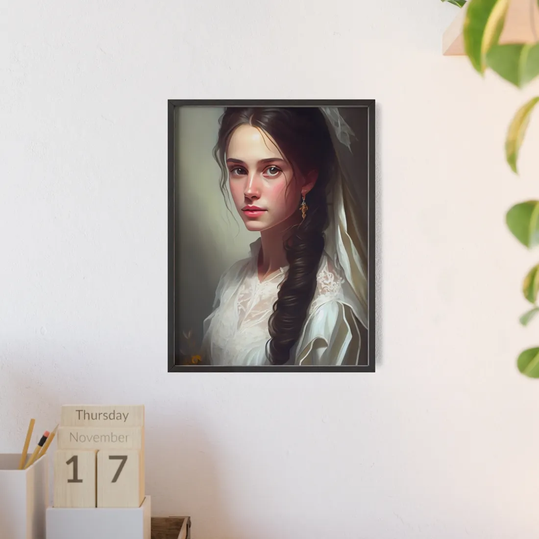 Serious Female Portrait: Brown Hair and Dark Top - Framed Poster