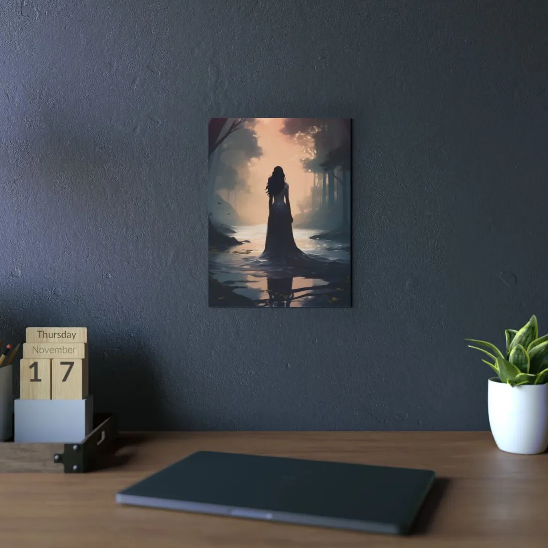 Shadow in the Mist: Woman Standing in the Dark Woods - Metal Poster