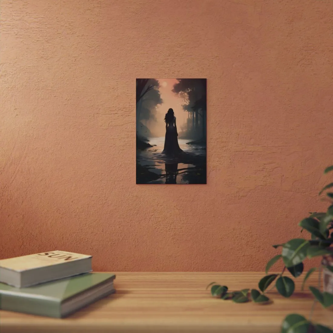 Shadow in the Mist: Woman Standing in the Dark Woods - Metal Poster