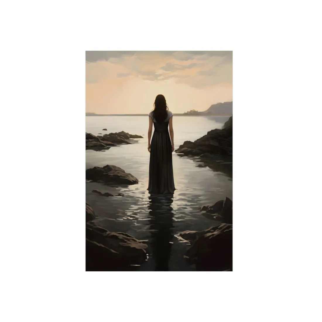 Shoreline Solitude: Woman Facing the Sea - Metal Poster