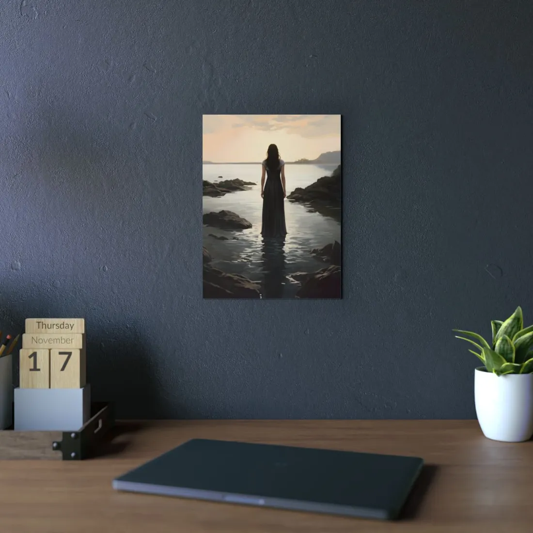 Shoreline Solitude: Woman Facing the Sea - Metal Poster