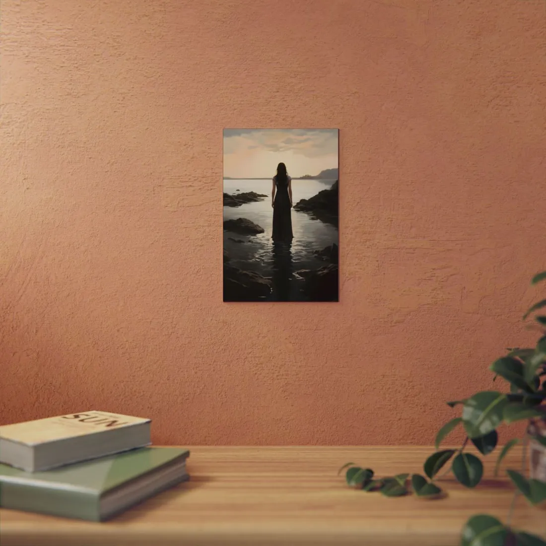 Shoreline Solitude: Woman Facing the Sea - Metal Poster