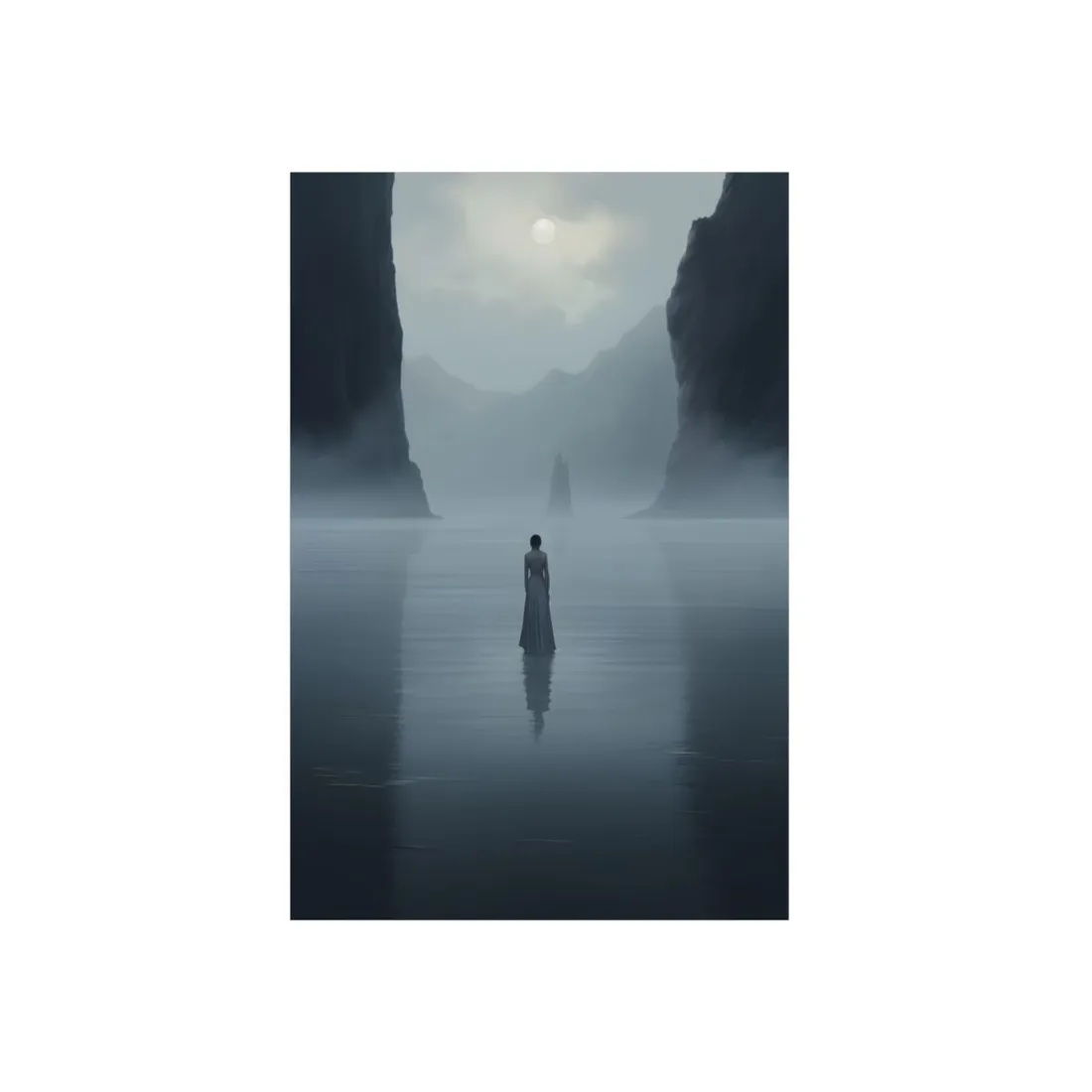 Silhouette in the Fog: Mysterious Water Scene - Metal Poster